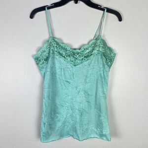 VTG Womens Y2K Babydoll Lace Crinkle Tank Top Sz Large Teal Fairycore Stretch